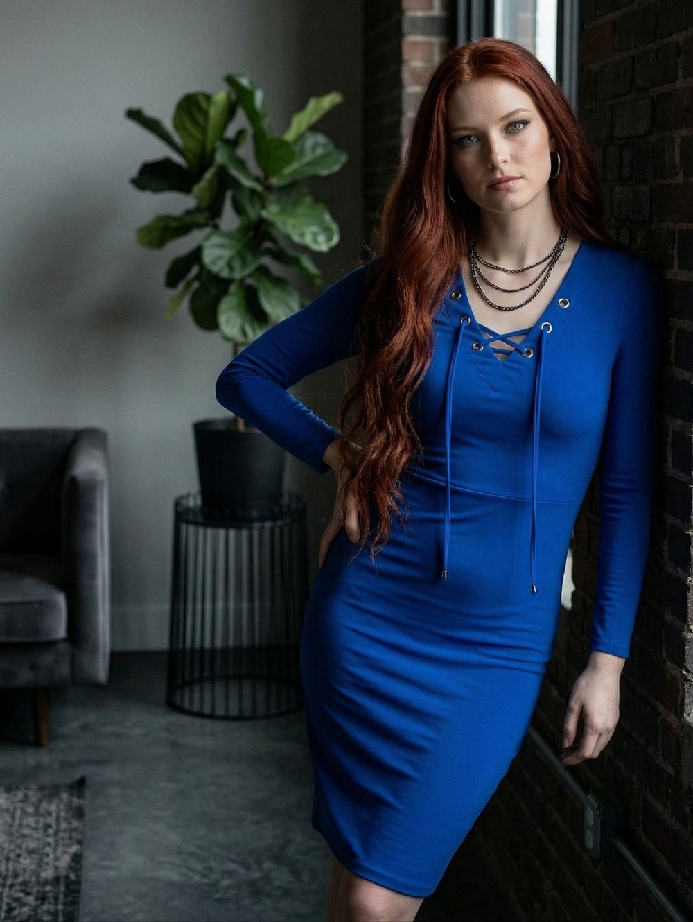Chelsea & Theodore Brilliant Blue Lace Up Slinky Long Sleeve Dress - L